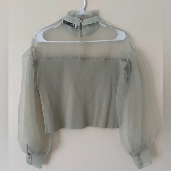 Zara Organza Sheer Ruffle Knit Top in Sea Foam Green Blogger Favorite Size Small - Picture 8 of 16